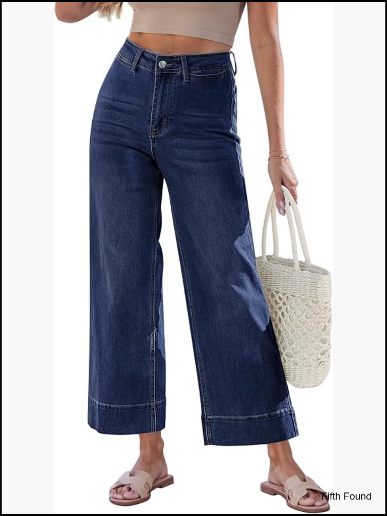 Wide Leg Cropped Jeans High Rise Stretch Denim Trendy Welt Pockets